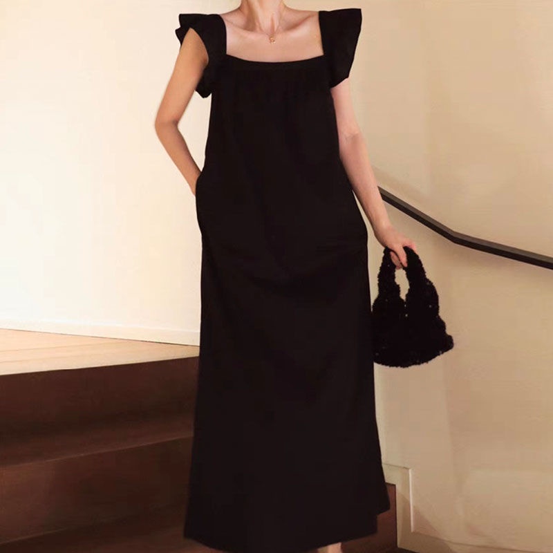 IELGY Đầm Không Tay Cổ Vuông Dáng Rộng Màu Đen Thời Trang Mùa Hè Dành Cho Nữ