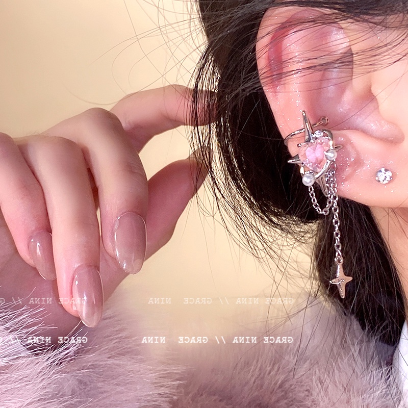 Bông Tai Dạng Kẹp Hình Trái Tim Phối Tua Rua Sang Trọng Cho Nữ