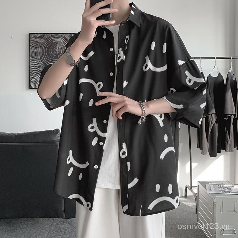 Áo Sơ Mi Lụa Lạnh Tay Lửng Dáng Rộng In Hình Mặt Cười Phong Cách Hong Kong Chất Lượng Cao Thời Trang Xuân Thu Cho Nam