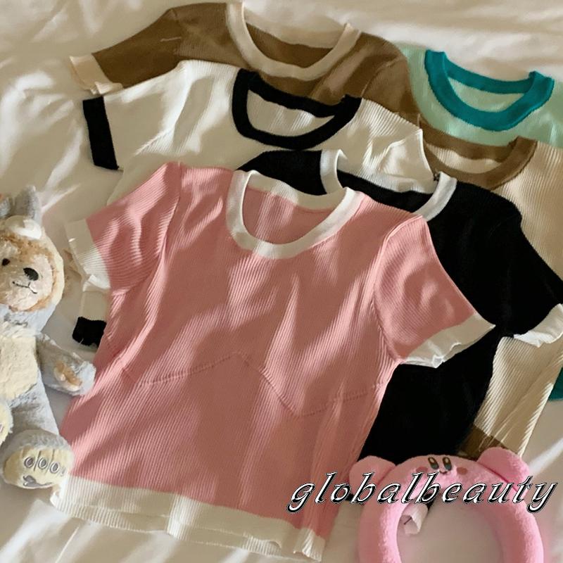 Áo Thun Dệt Kim Tay Ngắn Cổ Tròn Màu Sắc Tương Phản Phong Cách Thời Trang Đường Phố Cho Nữ