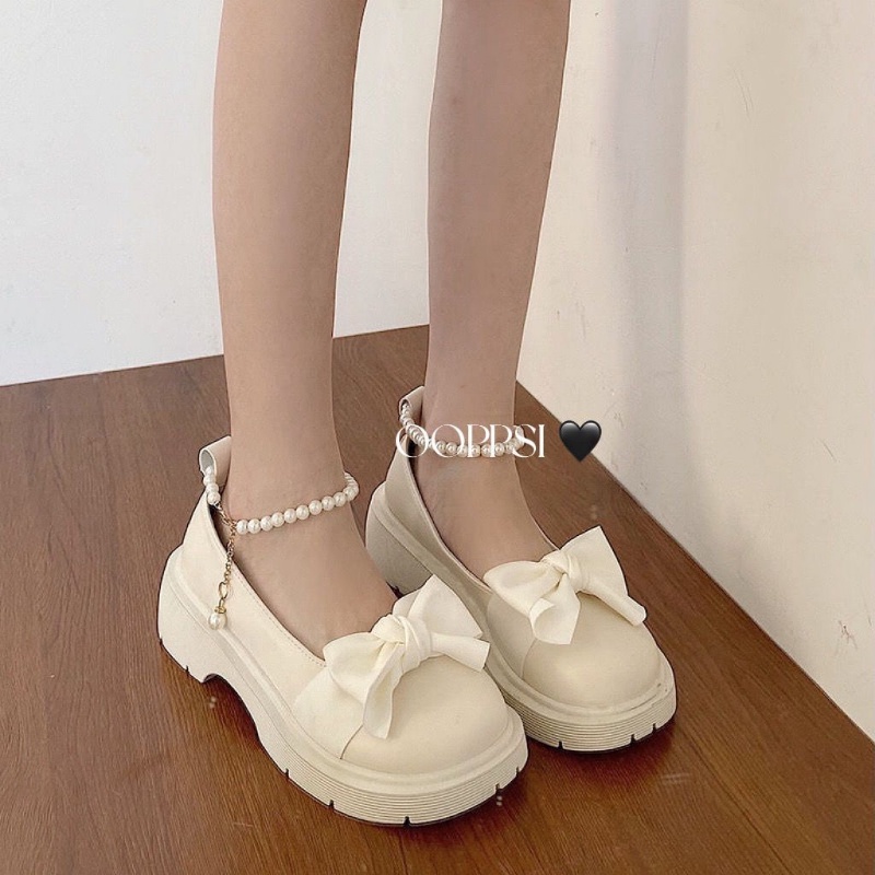 Giày Búp Bê Da Đế Dày Đính Nơ Ngọc Trai Phong Cách Lolita