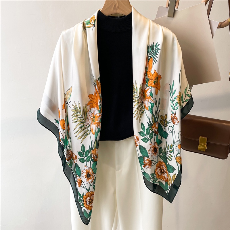 Khăn Choàng Cổ Hình Vuông Cỡ Lớn 110cm Vải Lụa Satin In Họa Tiết Hoa Và Bướm Thời Trang Mùa Hè Dễ Phối Đồ