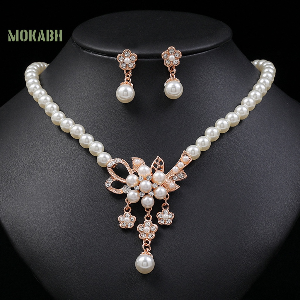 1 Bộ Vòng cổ + Bông Tai Đính Đá &amp; Ngọc Trai Nhân Tạo Hình Hoa Cho Nữ