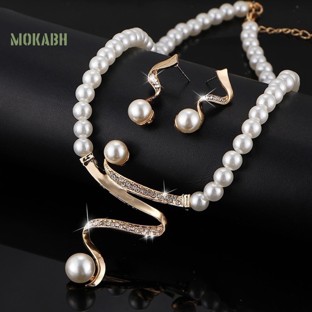 Bộ Vòng cổ + Bông Tai Đính Ngọc Trai Nhân Tạo &amp; Kim Cương Giả Cho Nữ