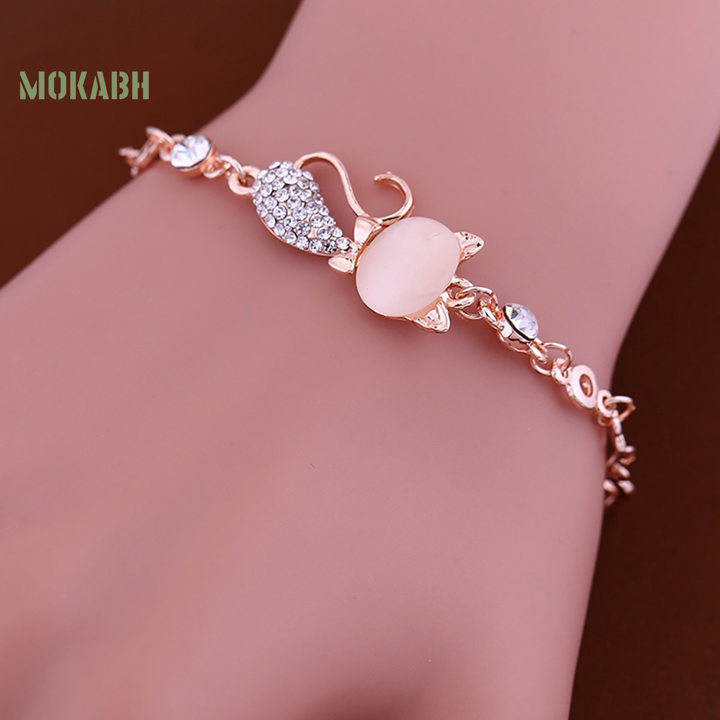 Vòng Đeo Tay Mặt Hình Mèo Đính Đá Opal Dễ Thương Cho Nữ