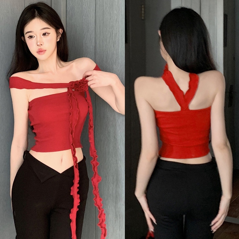 Áo Hai Dây Dệt Kim Họa Tiết Hoa Thời Trang Cho Nữ