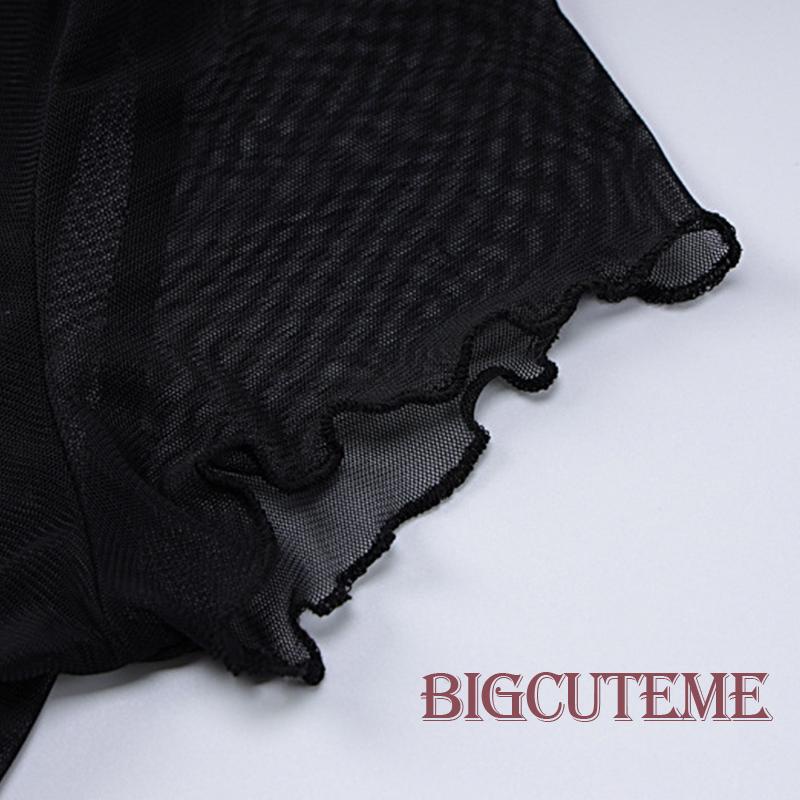 [] Áo Thun Lưới Tay Ngắn In Chữ Lettuce Trim Cơ Bản Mùa Hè Màu Đen Cho Nữ