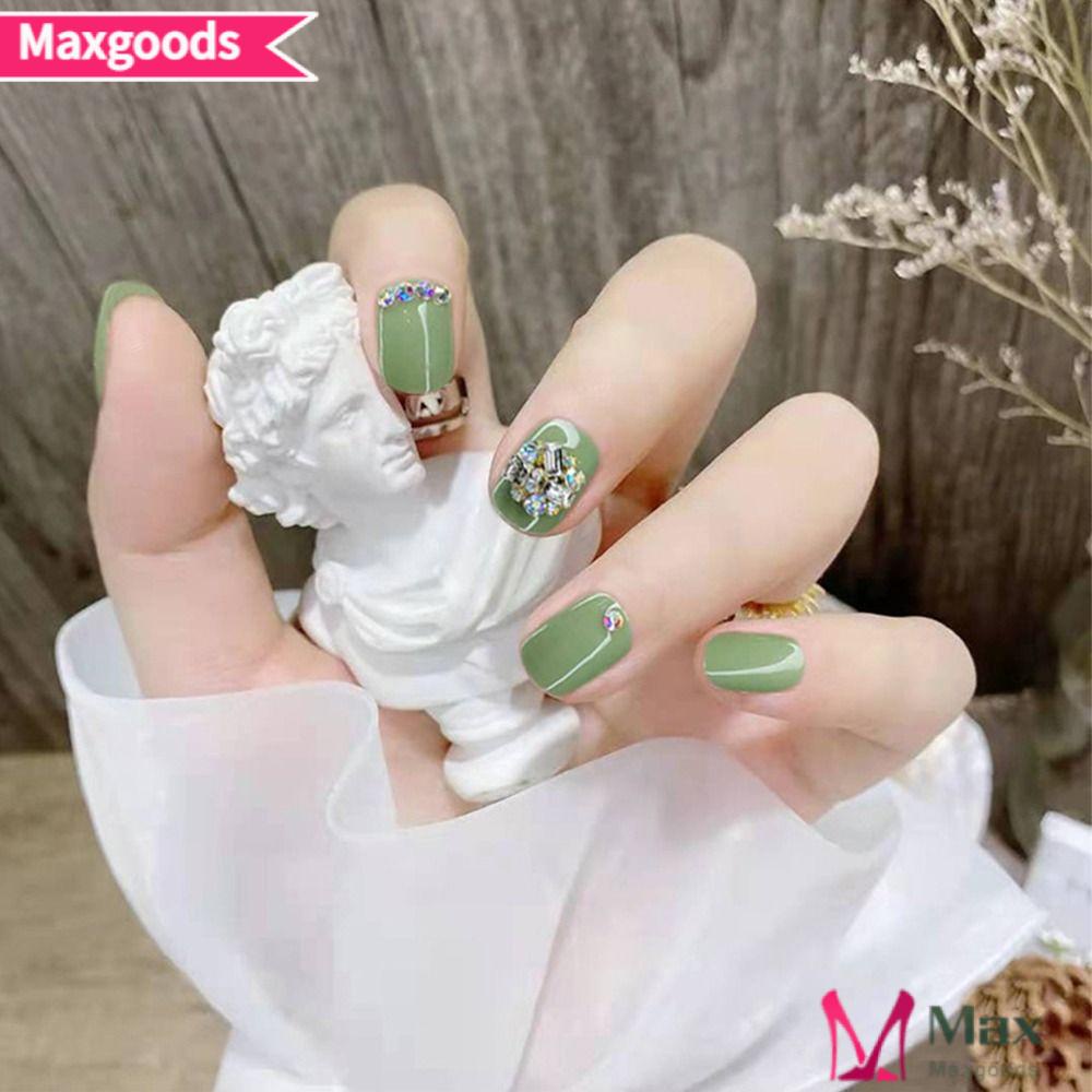 Bộ 24 Móng Tay Giả Ngắn Màu Xanh Lá Có Thể Tháo Rời