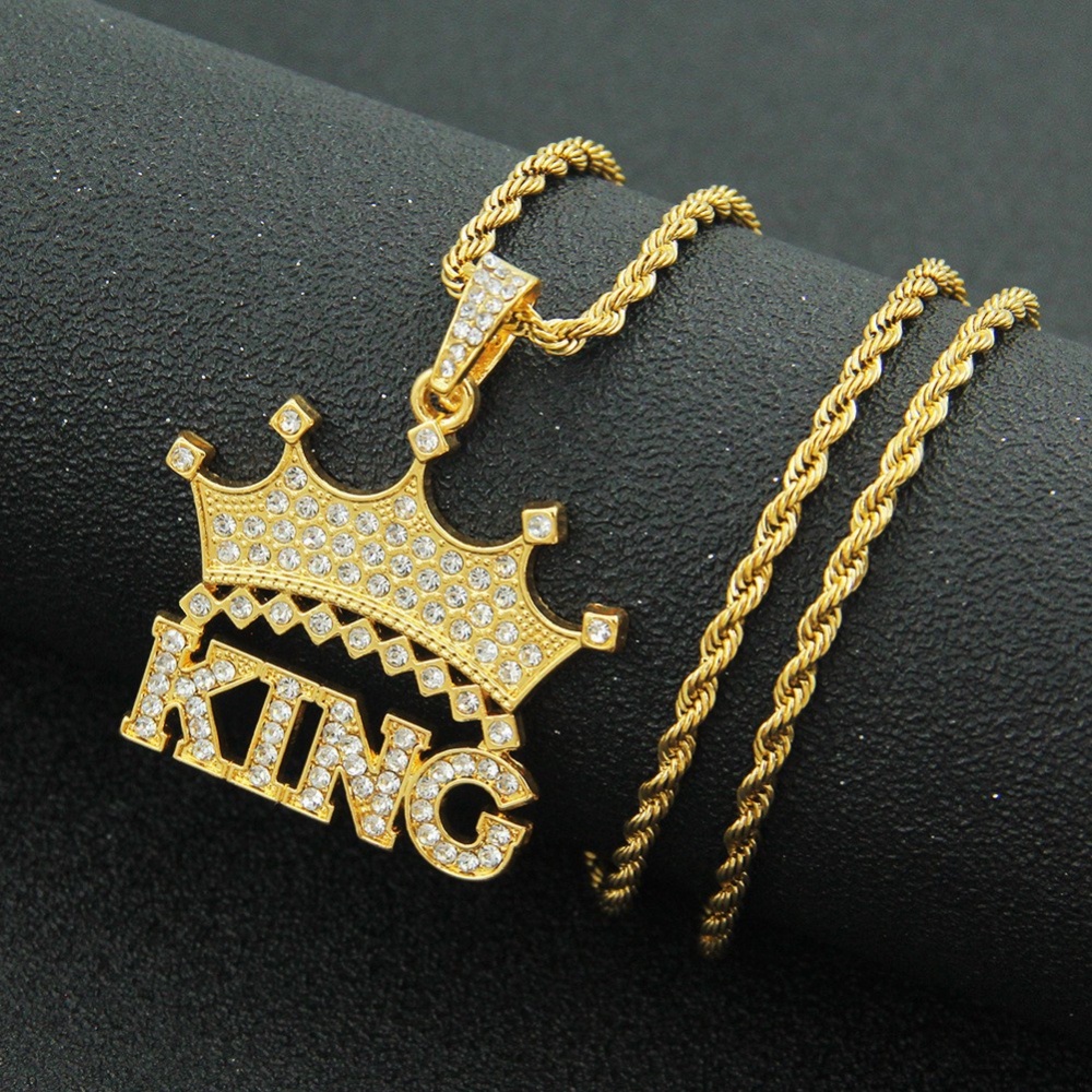 Vòng cổ Bằng Thép Không Gỉ Mặt Chữ KING / Vương Miện Đính Đá Zircon Màu Vàng Phong Cách Hip Hop Thời Trang Cho Nam Và Nữ