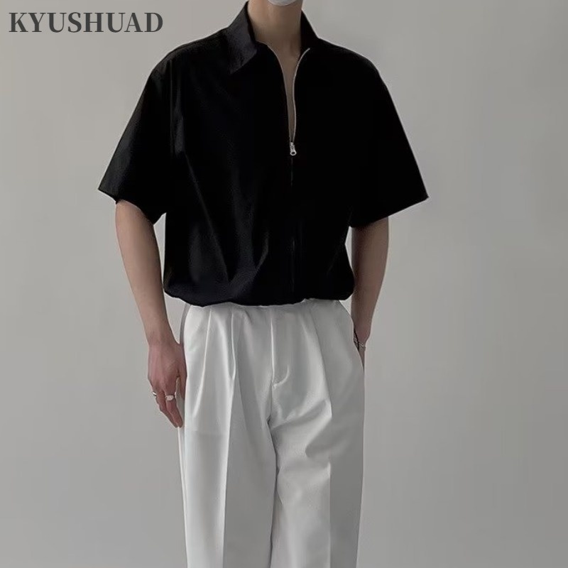 Kyushuad Áo Sơ Mi Tay Ngắn Dáng Rộng Có Khóa Kéo Phong Cách Gia Đình Cá Tính Hợp Thời Trang Và Đa Năng