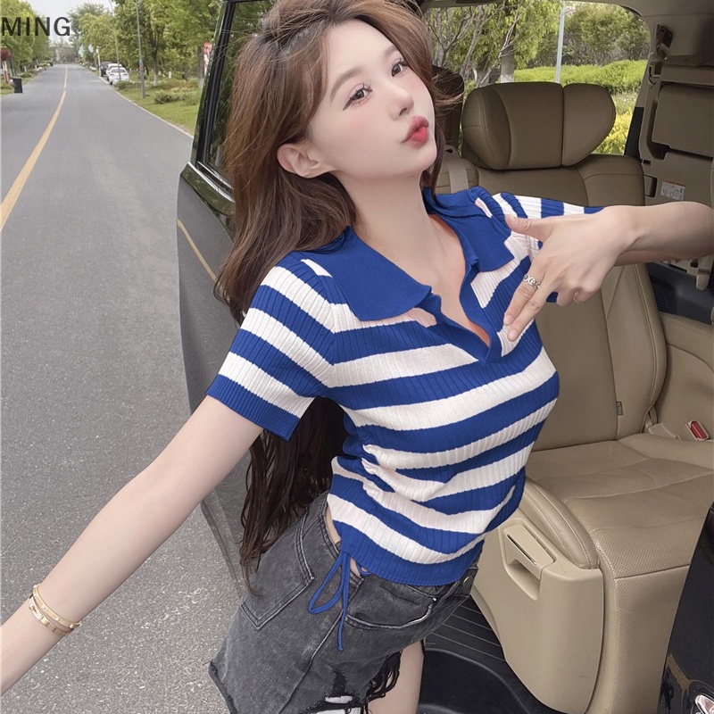 Áo Croptop Dệt Kim Ngắn Tay Họa Tiết Kẻ Sọc Phối Dây Rút Thời Trang Mùa Hè Cho Nữ