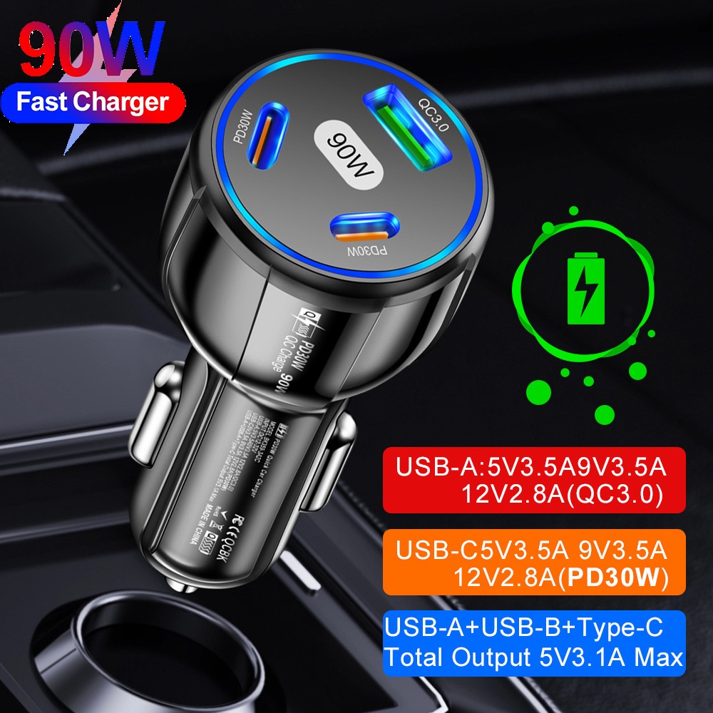 Củ Sạc Điện Thoại / Máy Tính Bảng 90W 3 Trong 1 Đa Năng Gắn Trong Xe Hơi