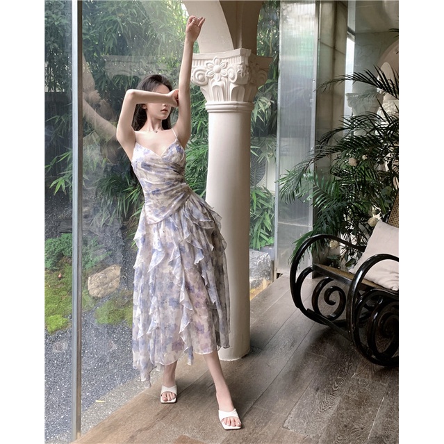 Đầm Voan Hoa Hai Dây Cổ Chữ V Thời Trang Mùa Hè Dành Cho Nữ