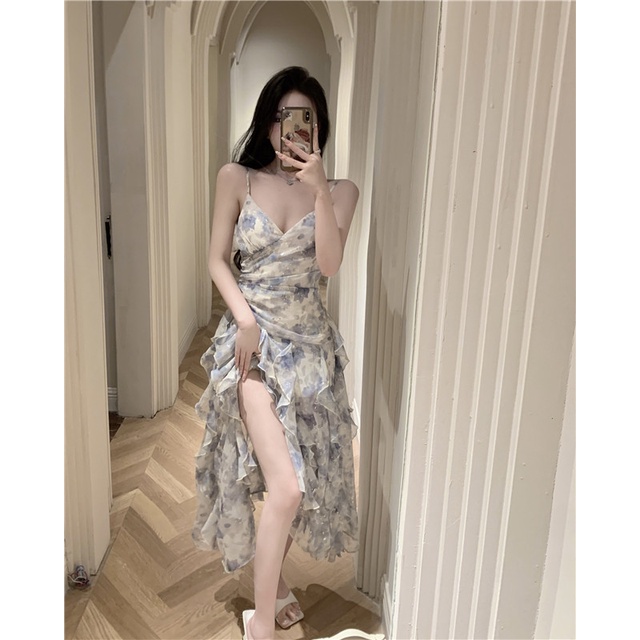 Đầm Voan Hoa Hai Dây Cổ Chữ V Thời Trang Mùa Hè Dành Cho Nữ