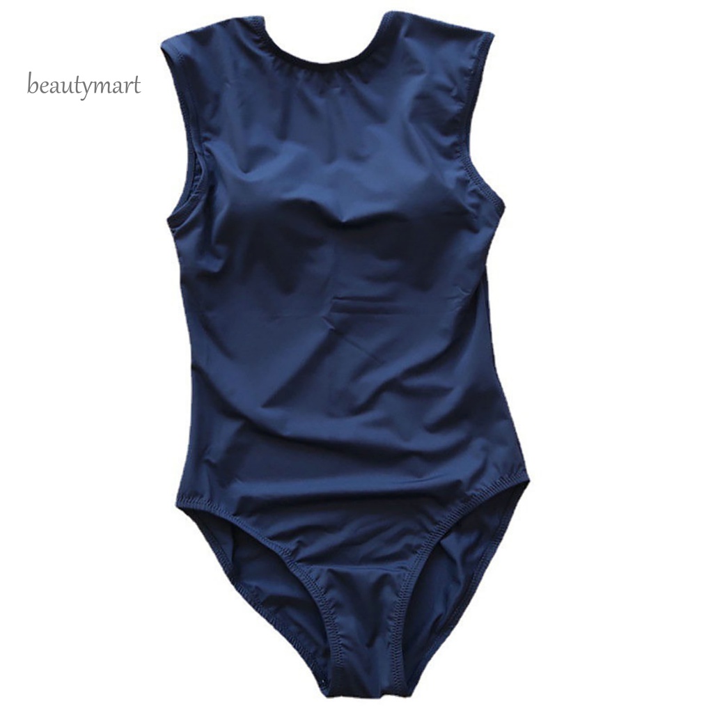 Bộ Đồ Bơi Một Mảnh Cổ Tròn Không Tay Hở Lưng Nhanh Khô Màu Sắc Trơn Phong Cách Vintage Dành Cho Nữ