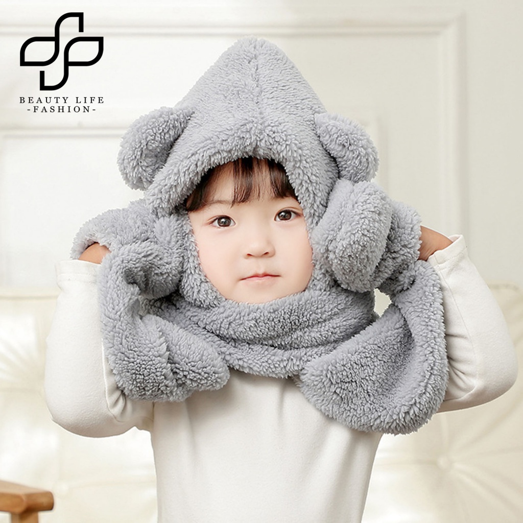 Khăn Choàng Cổ / Mũ / Găng Tay Giữ Ấm Mùa Đông 3 Trong 1 Kiểu Dáng Hoạt Hình Dễ Thương Dành Cho Bé Gái