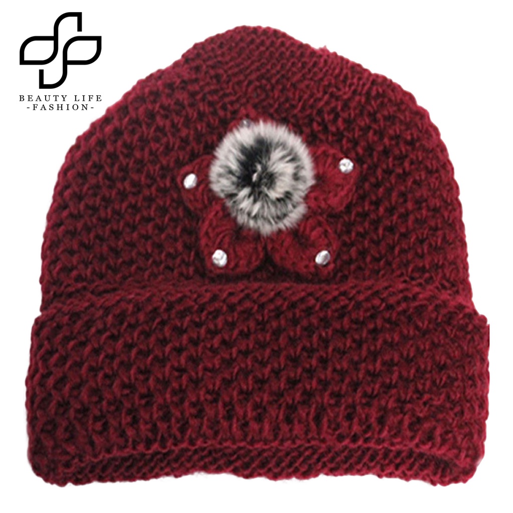 Mũ Len Beanie Mềm Mại Co Giãn Màu Trơn Đính Hoa Thời Trang Thu Đông Cho Nữ