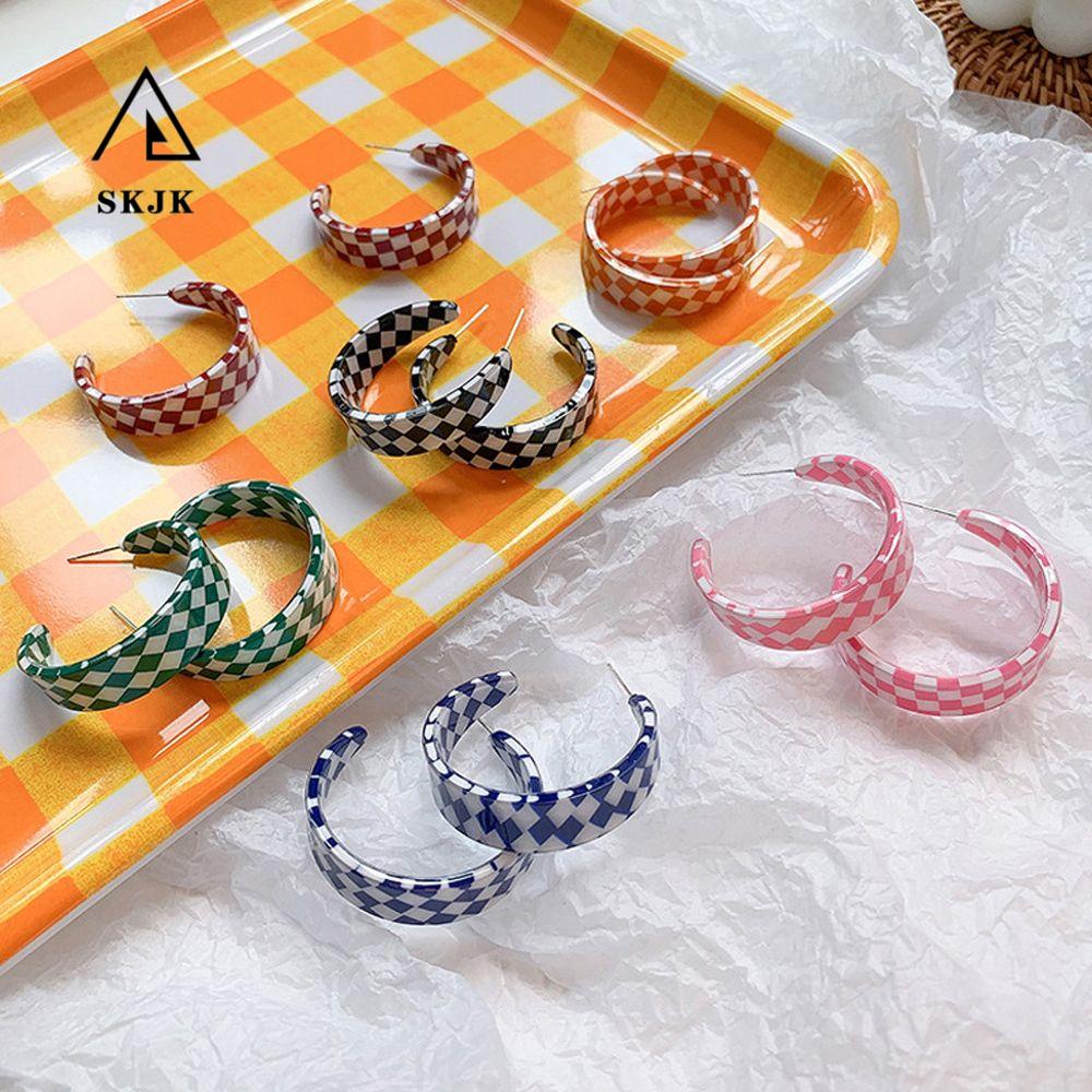 Khuyên Tai Dạng Vòng Nhiều Màu Sắc Họa Tiết Kẻ Sọc Caro Phong Cách Hàn Quốc Cổ Điển Cho Nữ