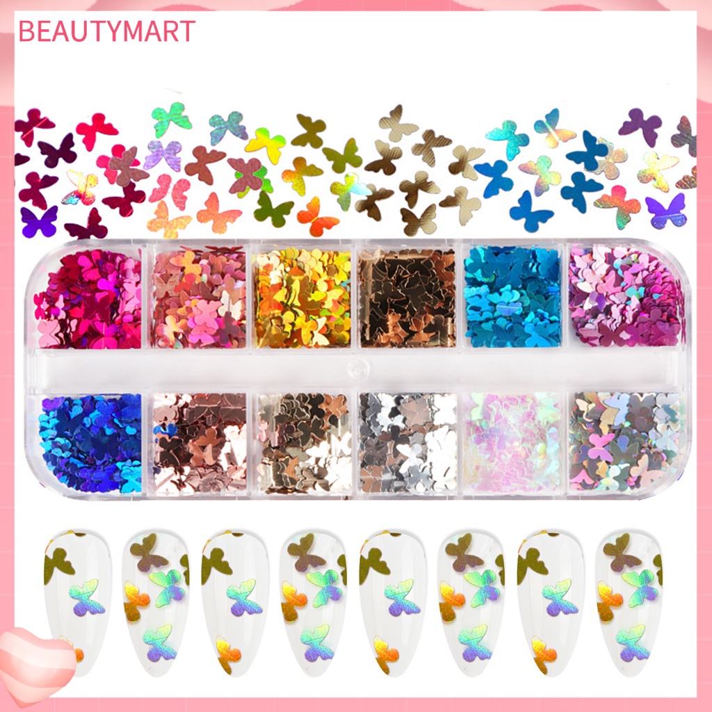 Hộp 12 Ngăn Đựng Hạt Kim Sa Hình Bướm Trang Trí Móng Tay DIY