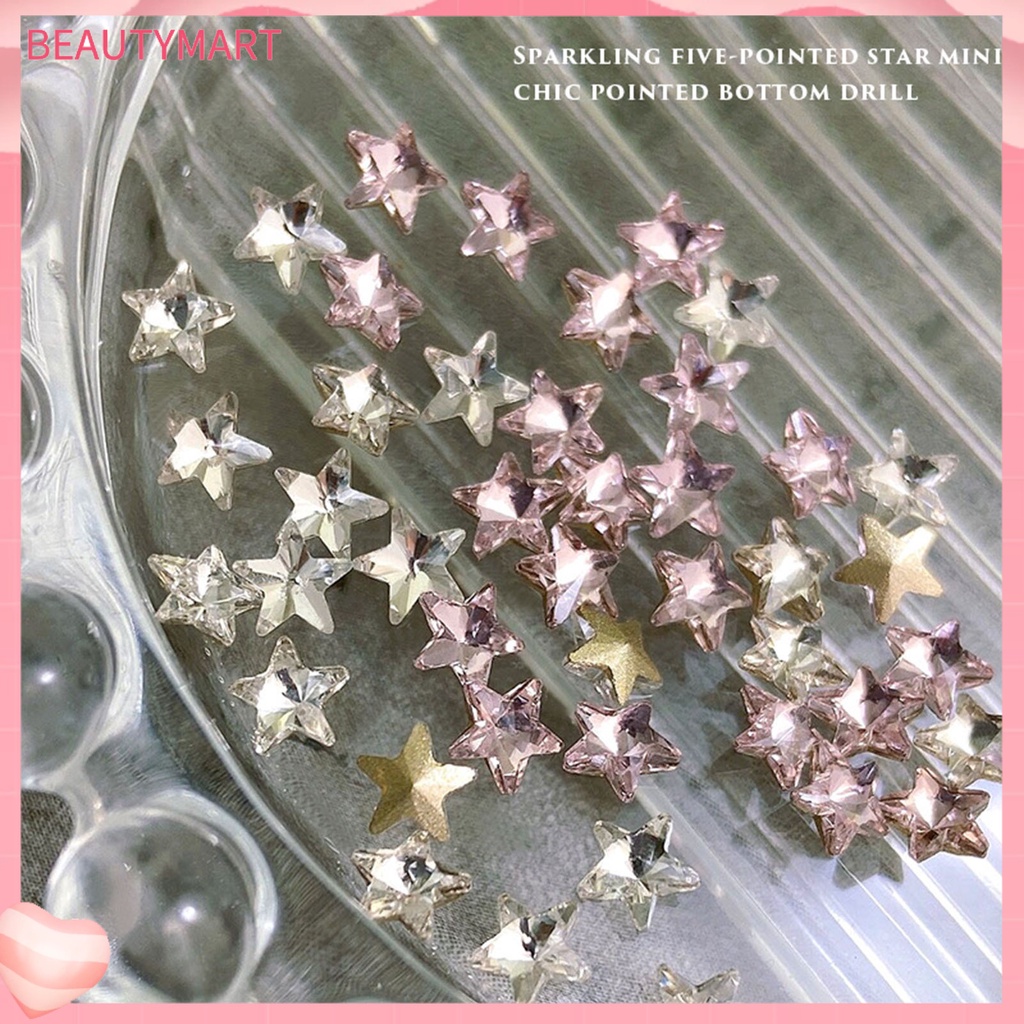 [beautymart] Túi 10 Móng Tay Giả Pha Lê Lấp Lánh Không Rơi Trang Trí Nghệ Thuật Móng Tay Mini Màu Trắng Hồng Ngôi Sao Năm Cánh