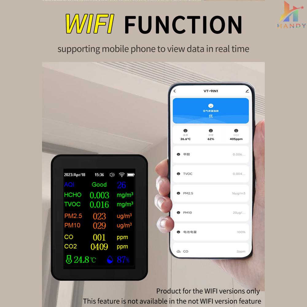Máy Đo Chất Lượng Không Khí 9 Trong 1 PM2.5 PM10 CO2 TVOC HCHO AQI Có Màn Hình Màu Hiển Thị Thời Gian Và Độ Ẩm