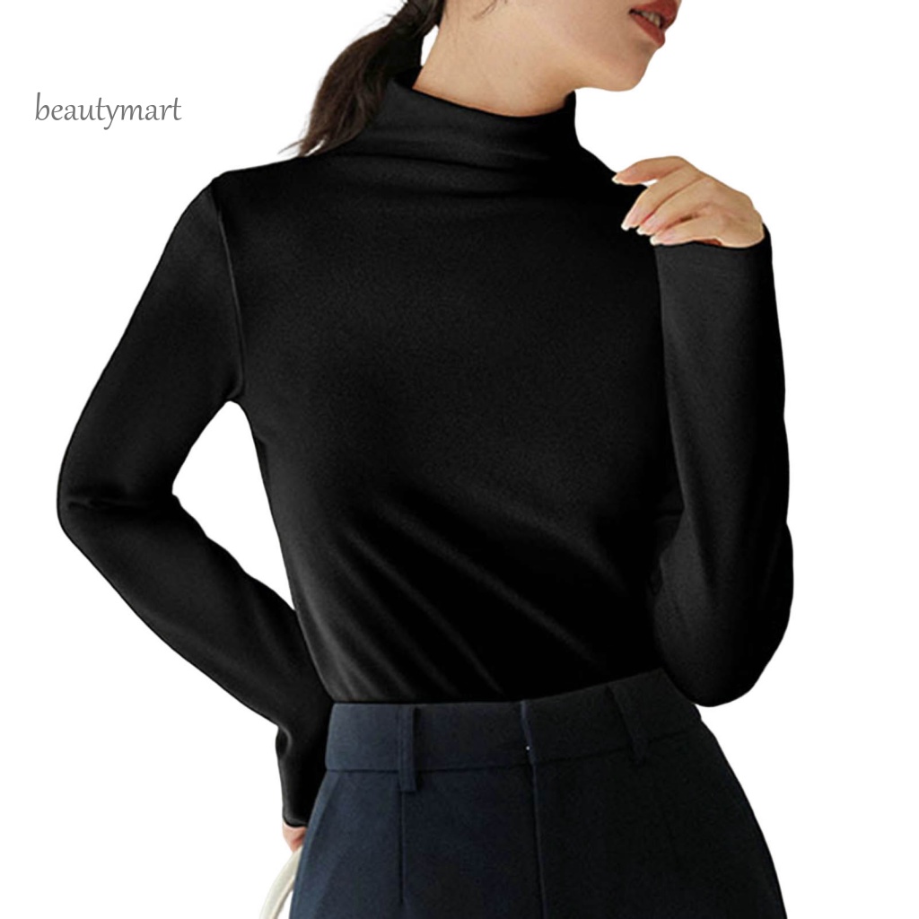 Beautymartm1 Áo Thun Tay Dài Cổ Cao Ôm Dáng Co Giãn Giữ Ấm Mùa Thu Đông Dày Dặn Màu Trơn Dành Cho Nữ