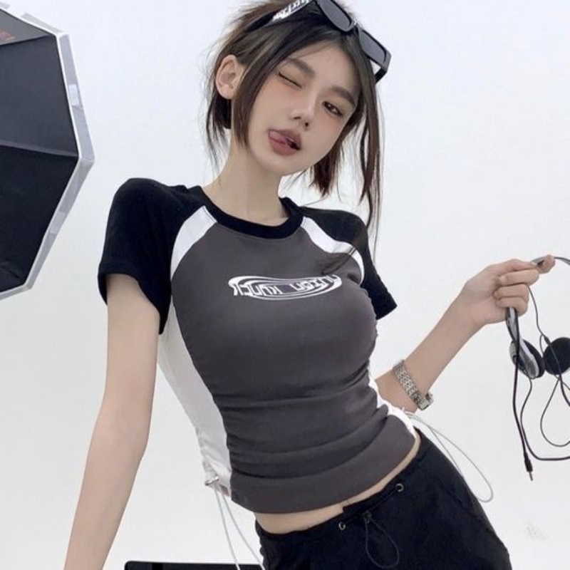 Áo Thun Ôm Dáng Phối Dây Rút In Chữ Quyến Rũ Thời Trang Cho Nữ