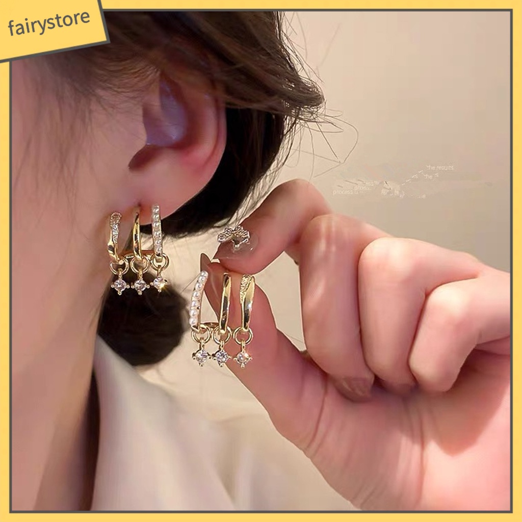 1 Đôi Bông Tai Hình Học Nhiều Lớp Đính Đá &amp; Ngọc Trai Giả