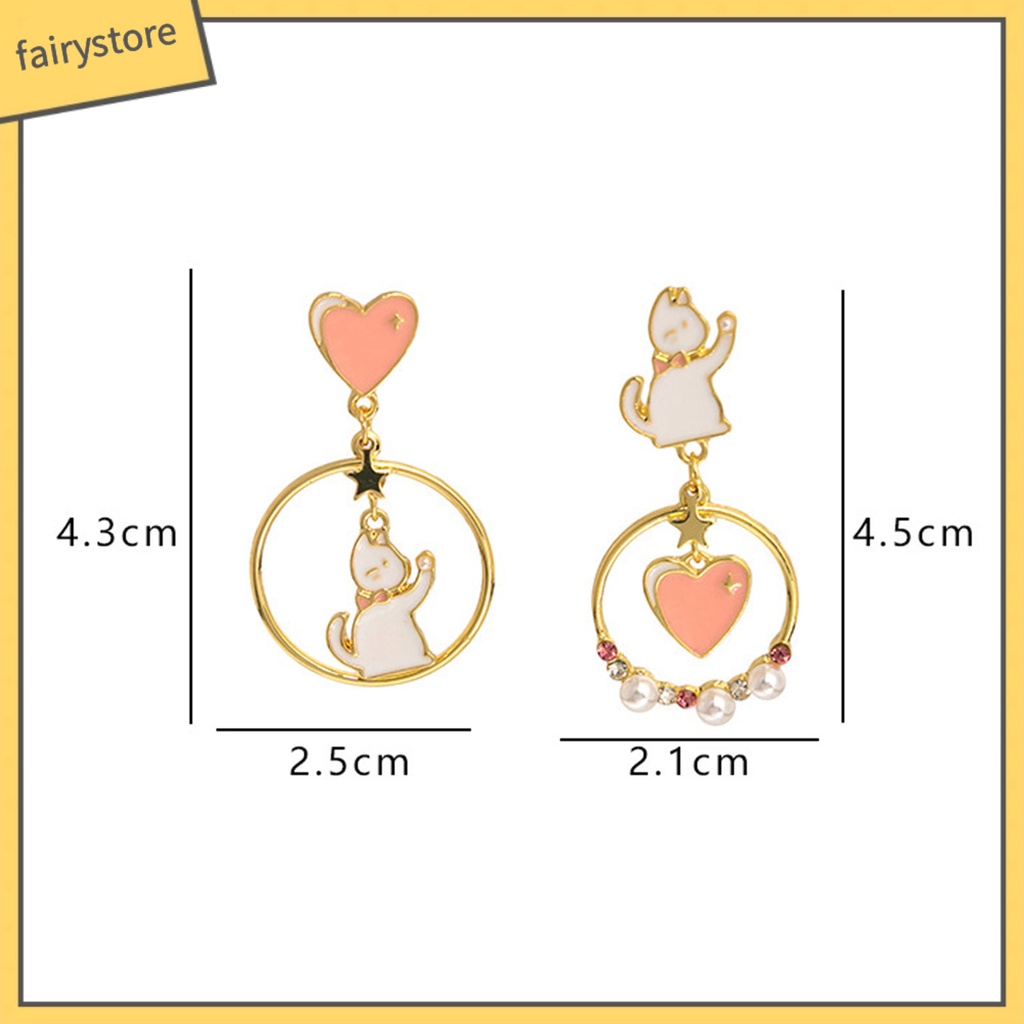 1 Đôi Bông Tai Hình Mèo Hoạt Hình Đính Đá Ngọc Trai Giả Phong Cách Nhật Bản