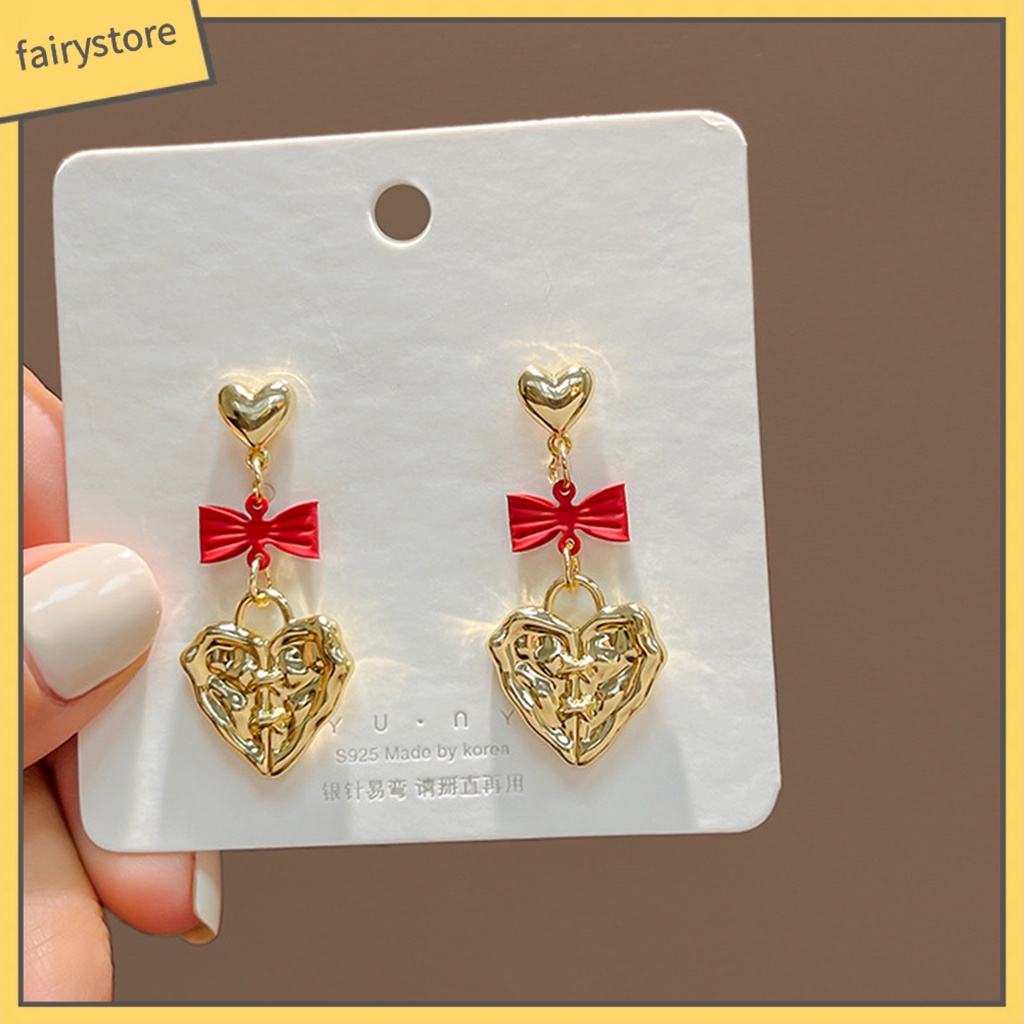 1 Đôi Bông Tai Hình Trái Tim / Nơ Dập Nổi Phong Cách Hàn Quốc Cổ Điển