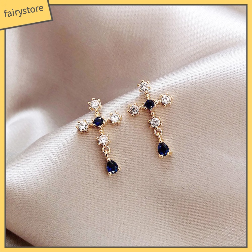 Bông Tai Hình Thánh Giá Đính Đá Sapphire Giả Bằng Hợp Kim Thời Trang Cho Nữ