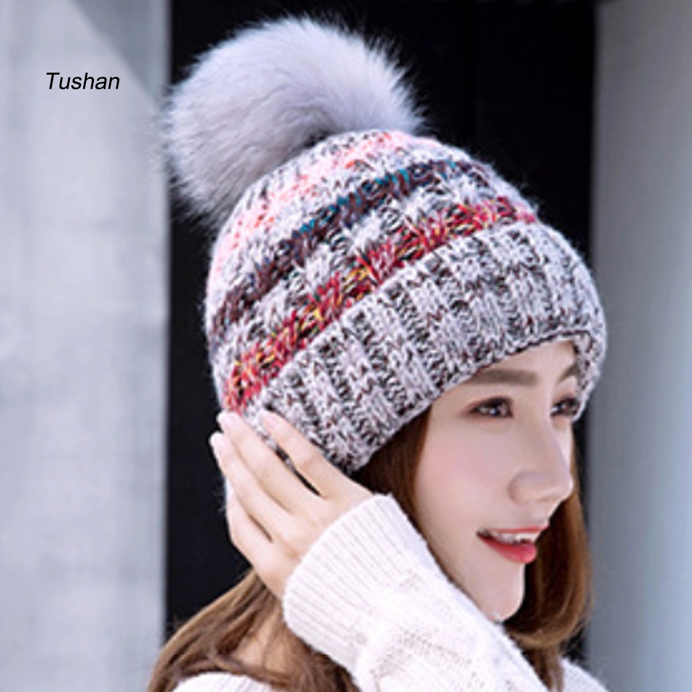 Mũ Len Beanie Đính Quả Bông Nhiều Màu Thời Trang Thu Đông Cho Nữ