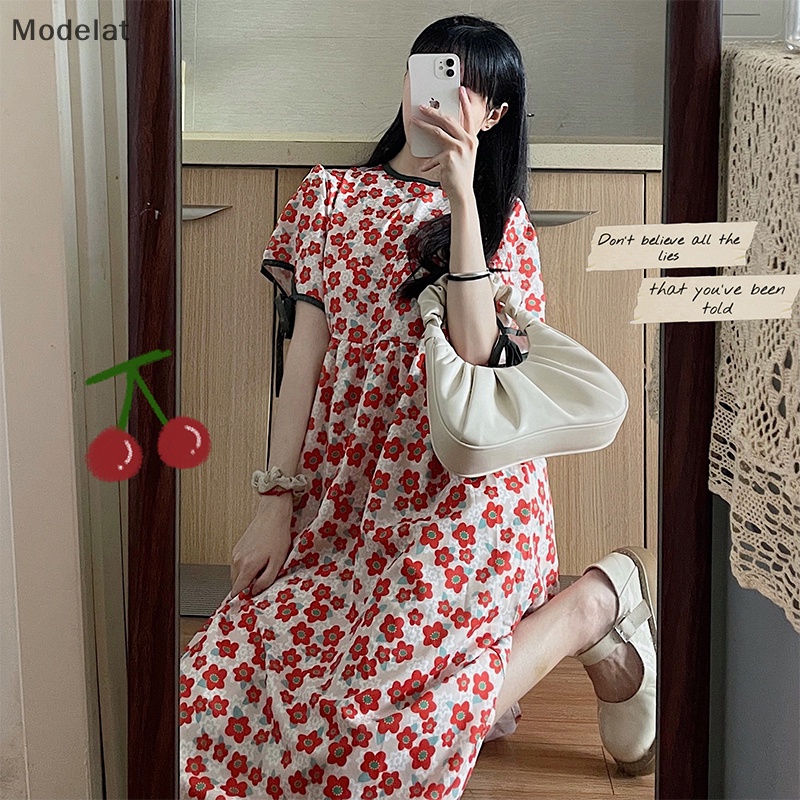 Đầm Dài Cổ Tròn Tay Ngắn In Họa Tiết Hoa Thời Trang Mùa Hè Cho Nữ