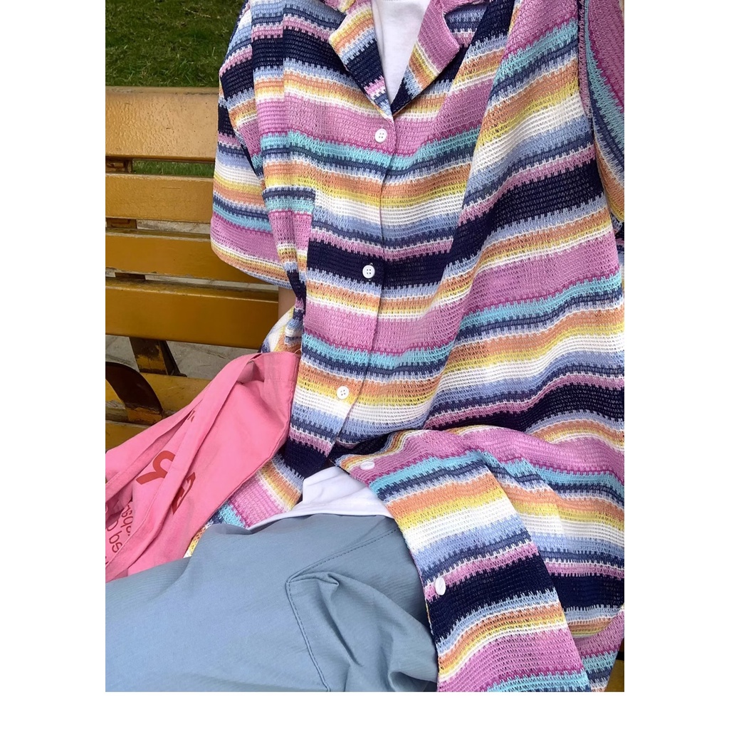 Áo Sơ Mi Ngắn Tay Họa Tiết Sọc Cầu Vồng Thời Trang Dành Cho Nam Và Nữ