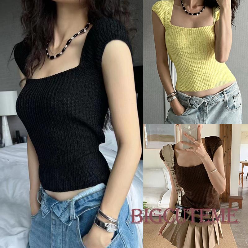 Áo Thun Dệt Kim Ngắn Tay Cổ Vuông Thắt Dây Thời Trang Đường Phố Dành Cho Nữ