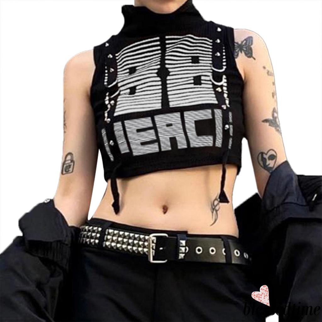 Áo Croptop Sát Nách Cổ Lọ Phối Ruy Băng In Chữ Phong Cách Hip Hop Thời Trang Mùa Hè Cho Nữ
