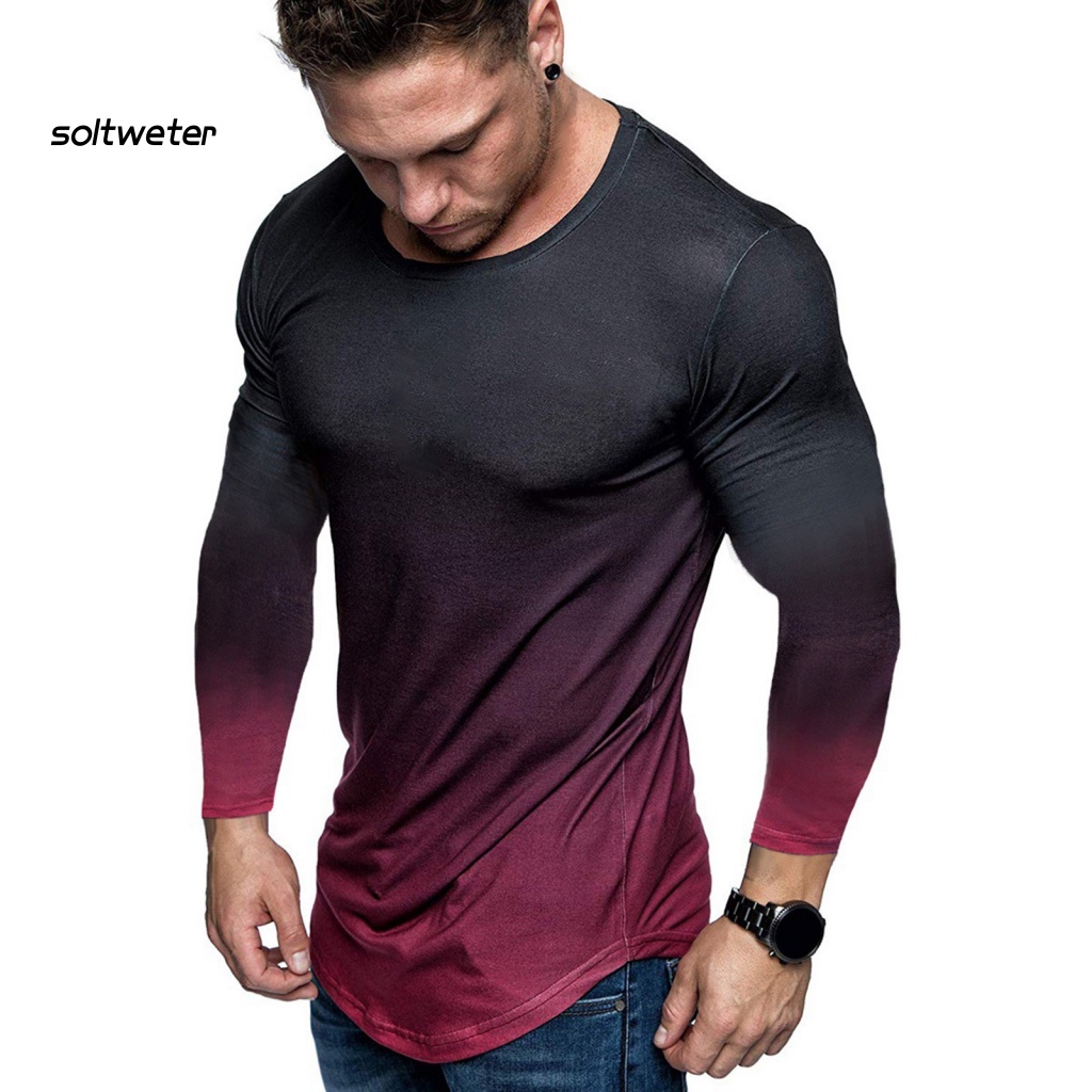 Áo Thun Tay Dài Cổ Tròn Màu Sắc Gradient Thoáng Khí Thời Trang Xuân Thu Cho Nam