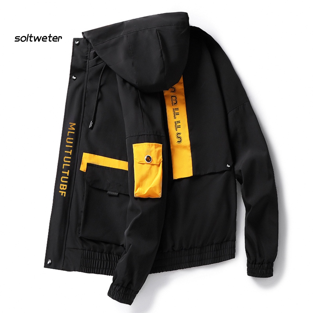 Áo Khoác Bóng Chày Có Mũ Trùm Phối Dây Rút Nhiều Túi In Chữ Màu Khối Thời Trang Mùa Thu Cho Nam