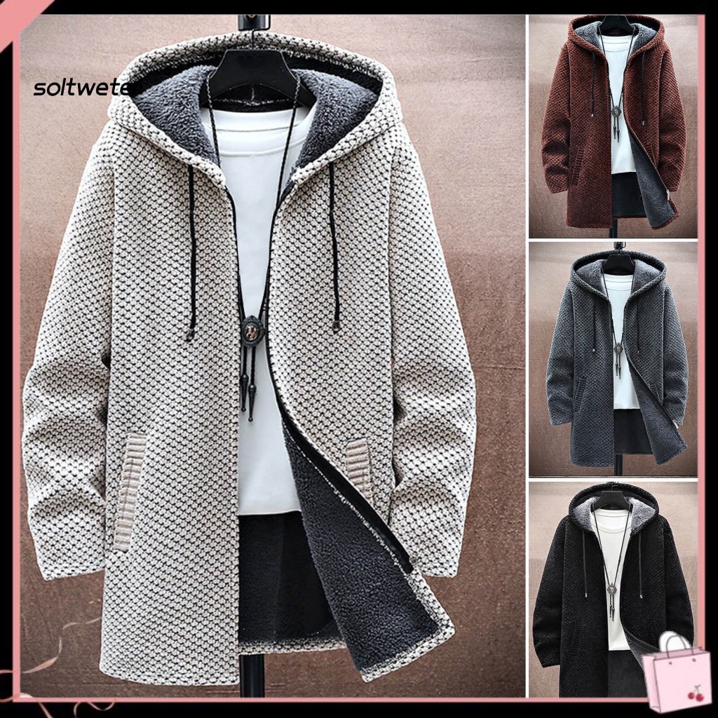 Áo Khoác Sweater Dệt Kim Tay Dài Có Mũ Trùm Vải Lông Dày Dặn Phối Dây Rút Thời Trang Thu Đông Đường Phố