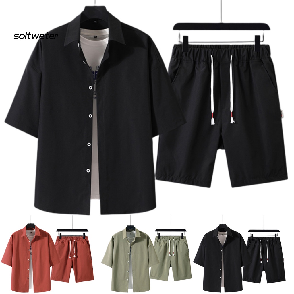 1 Bộ Áo Sơ Mi Màu Trơn Dáng Rộng + Quần Short Phong Cách Thể Thao Thời Trang Mùa Hè Cho Nam