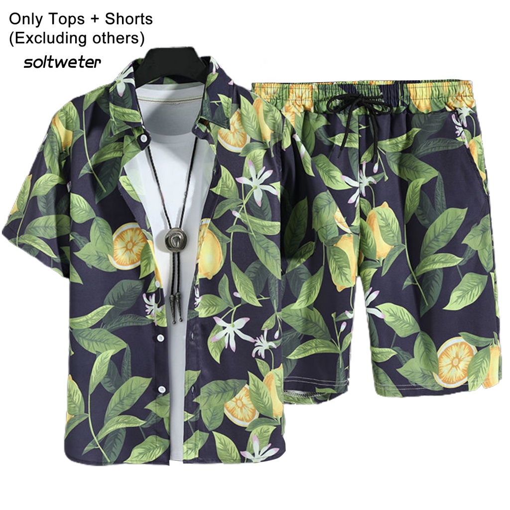 Bộ Áo Sơ Mi Ngắn Tay Cài Nút + Quần Short Dây Rút In Họa Tiết Lá Cây Phong Cách Hawaii Thời Trang Mùa Hè