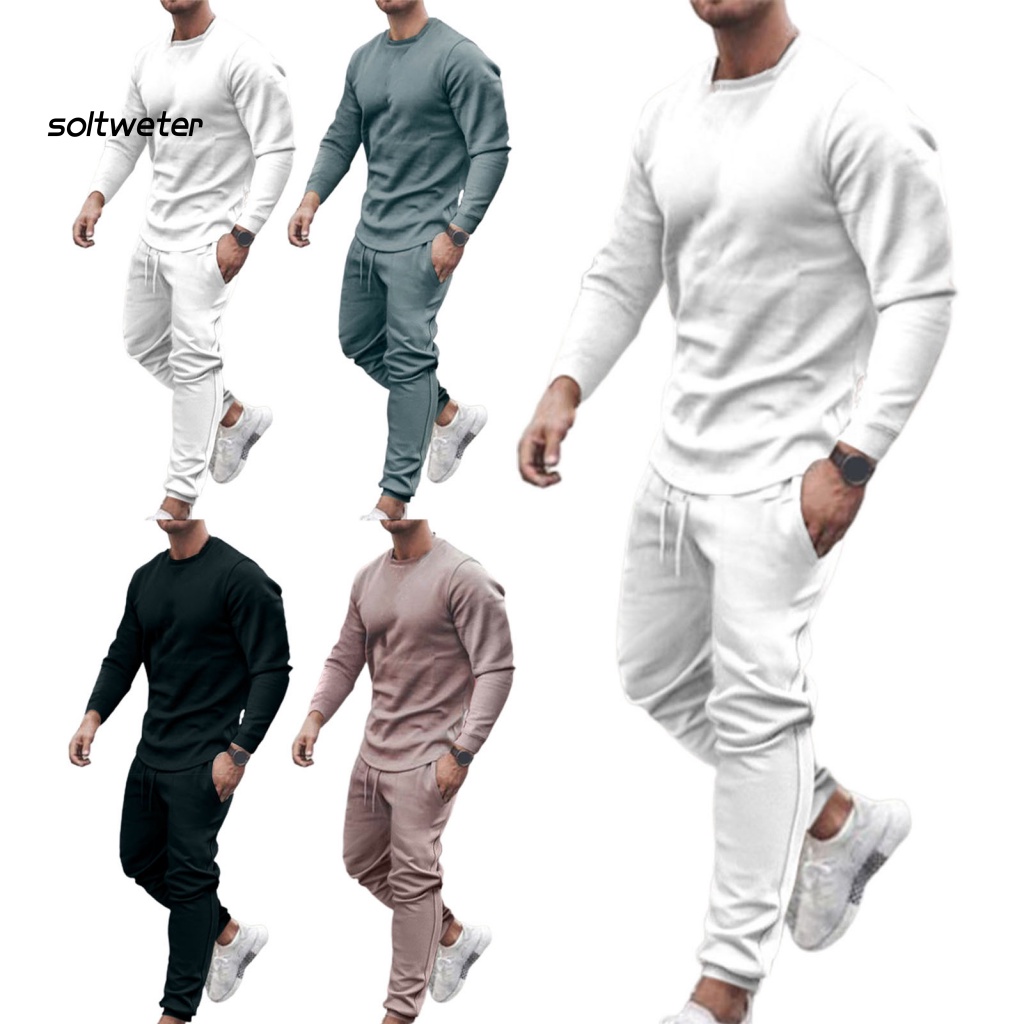 Bộ Trang Phục 2 Mảnh Gồm Áo Cổ Tròn Màu Trơn Và Quần Thoáng Khí Có Gân Thích Hợp Mặc Hàng Ngày Cho Nam