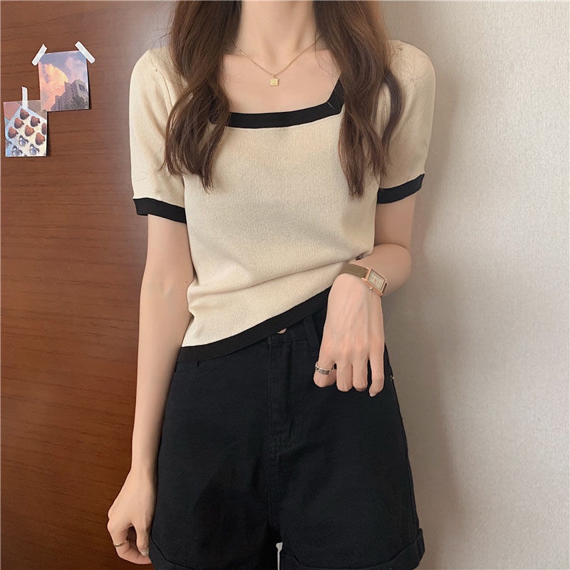 Áo Thun Tay Ngắn Cổ Vuông Màu Tương Phản Phong Cách Hàn Quốc Thời Trang Cho Nữ