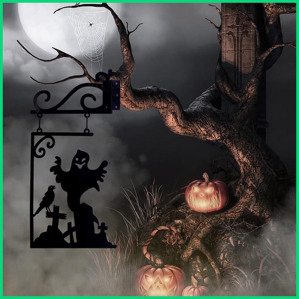 Biển Hiệu Kim Loại Treo Tường Trang Trí Halloween Hình Ma Mèo Đen