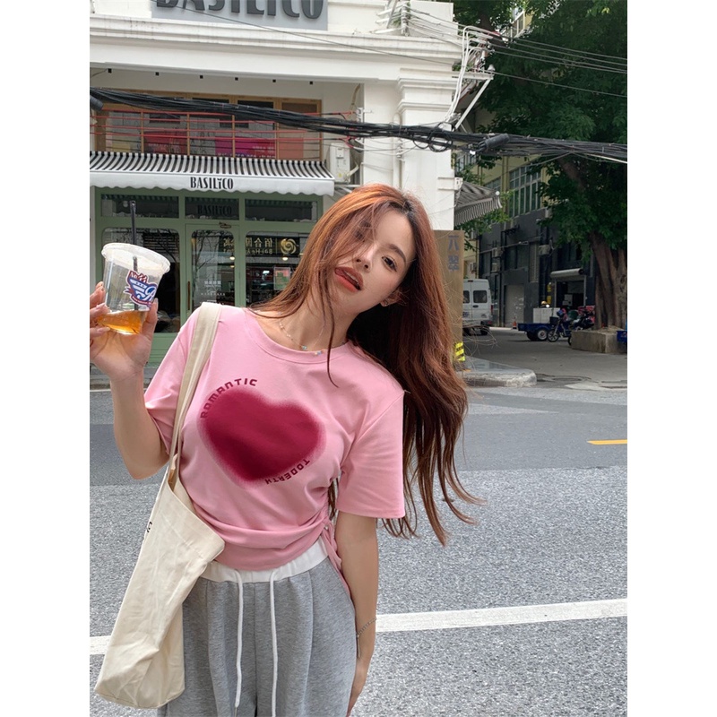 Áo Thun Thiết Kế Dây Rút In Họa Tiết Trái Tim Thời Trang Mùa Hè Mới Cho Nữ