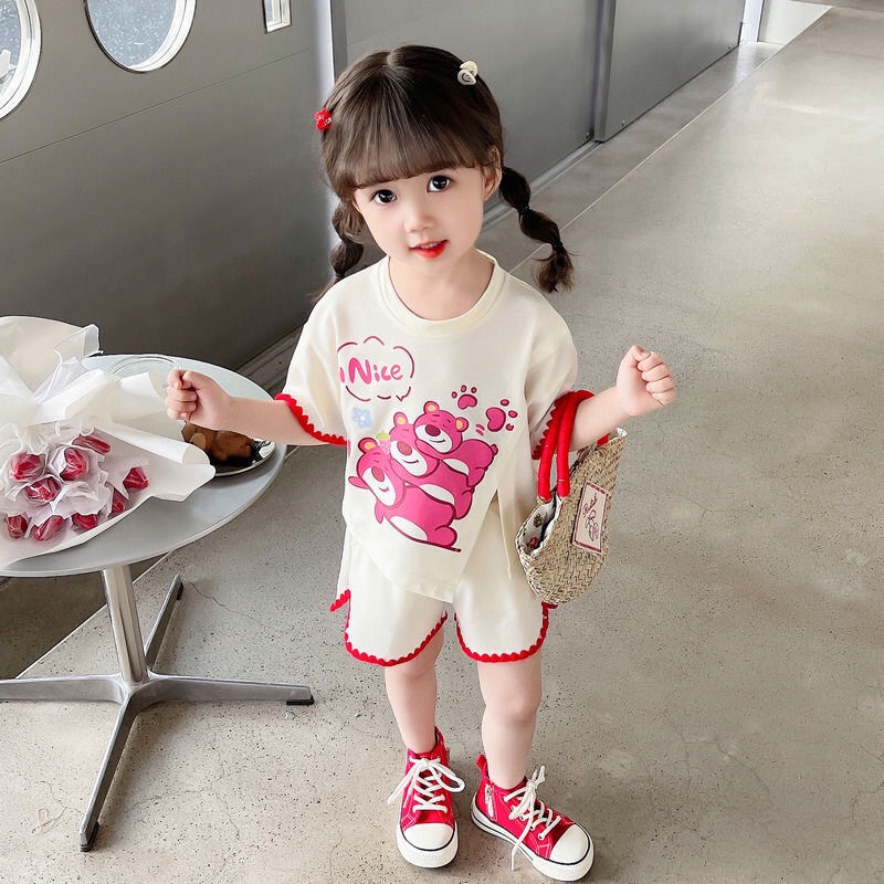 Bộ Áo Thun In Hình Gấu Dễ Thương Kèm Quần Ngắn Thời Trang Mùa Hè Cho Bé Gái 2-9 Tuổi