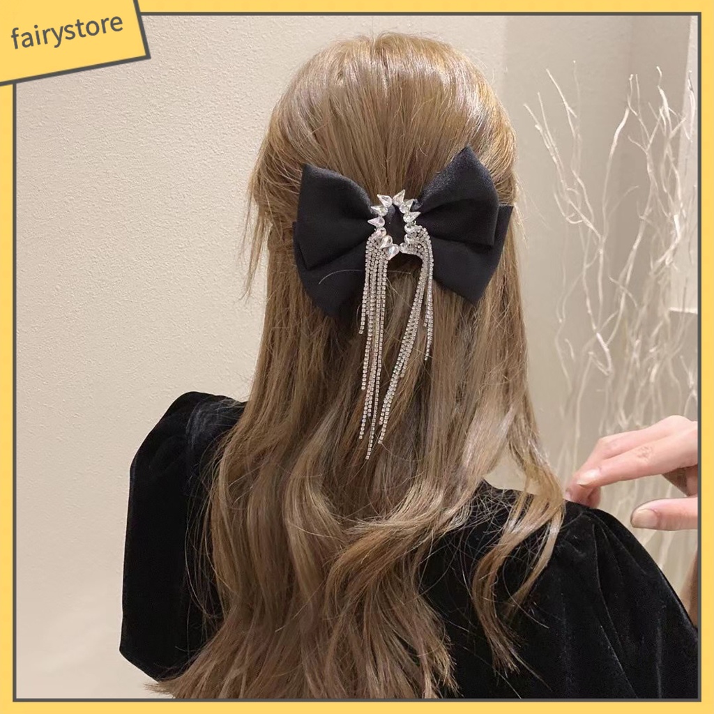 Kẹp Tóc Nơ Đính Đá Tua Rua Màu Đen Cho Nữ