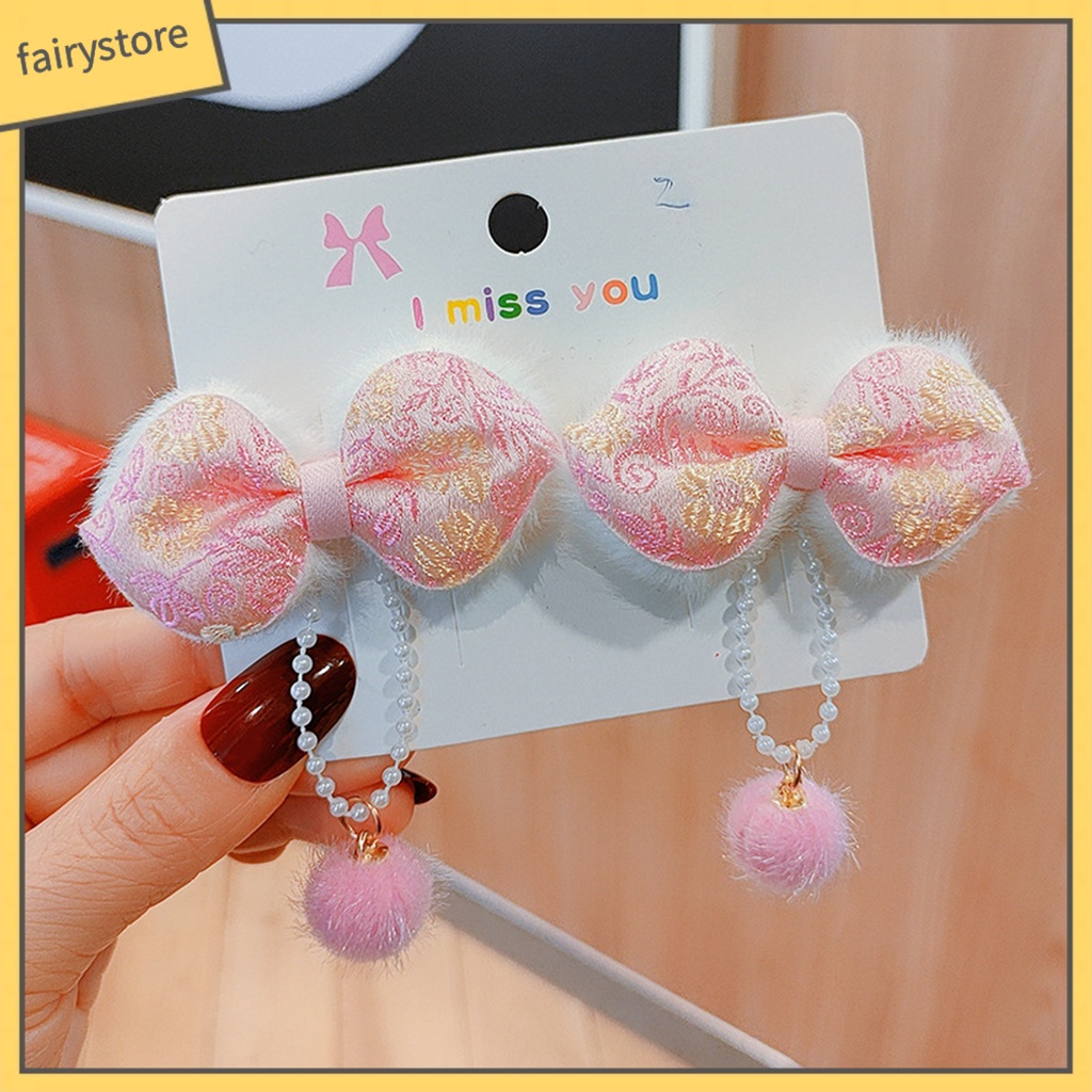 Set 2 Kẹp Tóc Hình Nơ Đính Bóng Lông Tua Rua Đỏ Phong Cách Trung Hoa Cổ Điển Mừng Năm Mới Cho Nữ