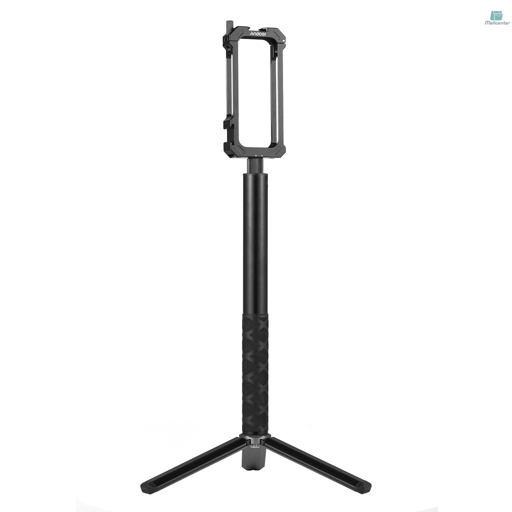 Andoer Camera Video Cage with Dual Cold Shoe Mounts + Invisible Selfie Stick 28cm-110cm Adjustable Length + Mini Desktop Tripod Aluminum Alloy Vlog Accessories Replacement for Insta360 X3