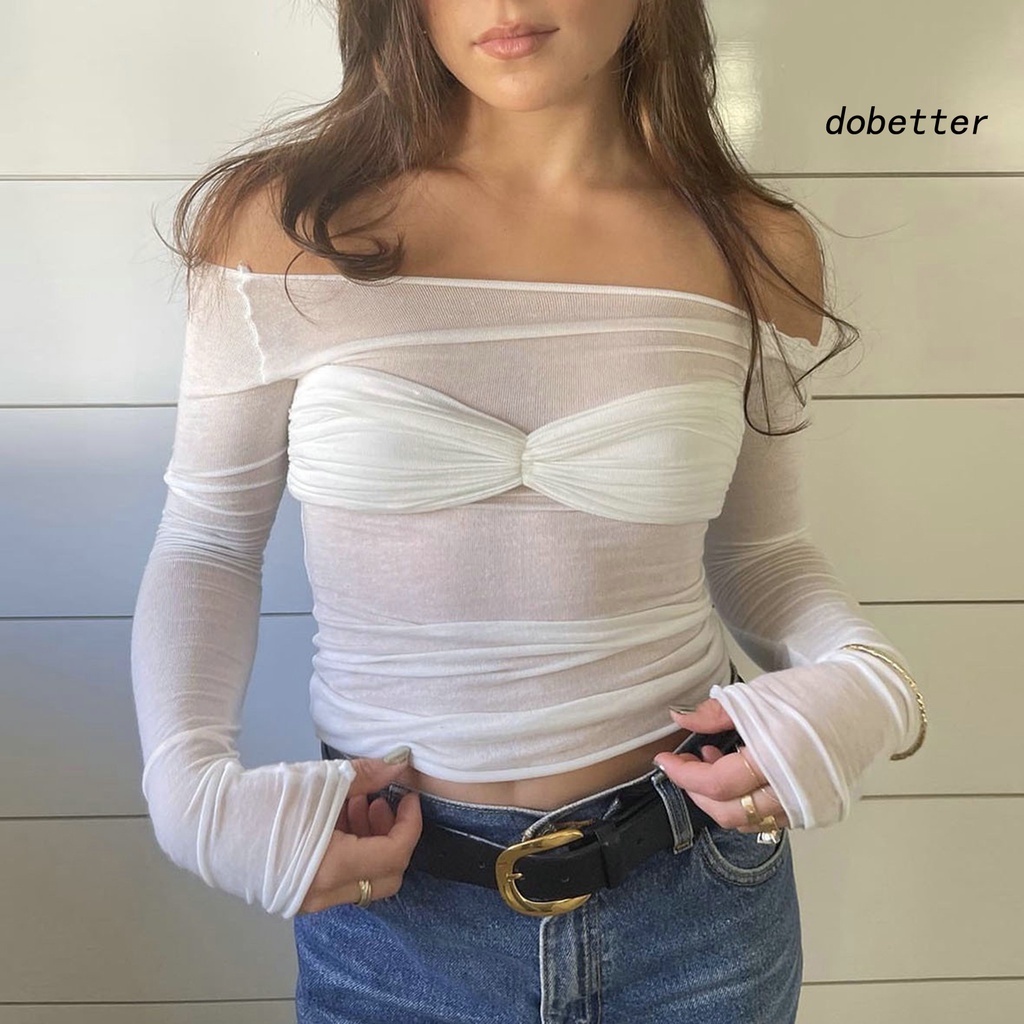 Áo Thun Dài Tay Trễ Vai Xuyên Thấu Phong Cách Quyến Rũ Dành Cho Nữ